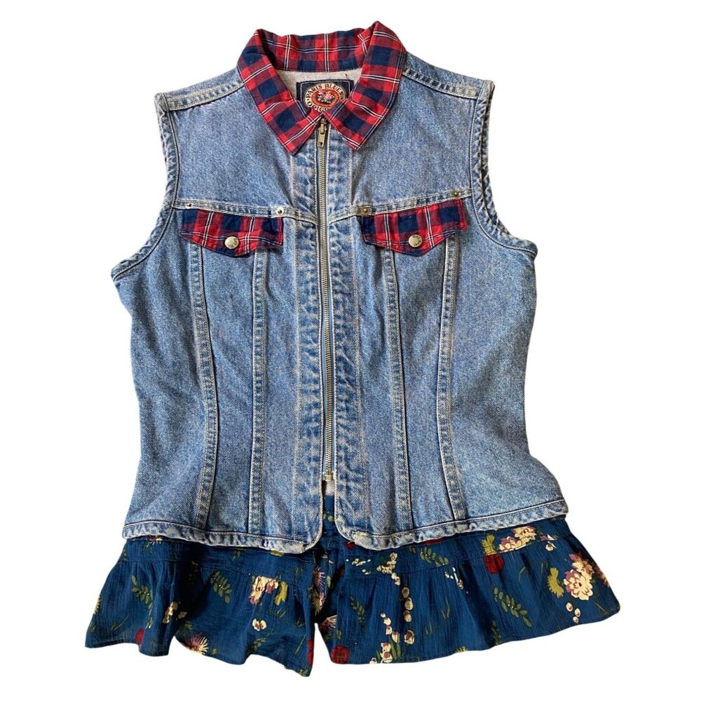 Vintage Paris Blues Denim Vest Plaid Collar & Floral Hem Large